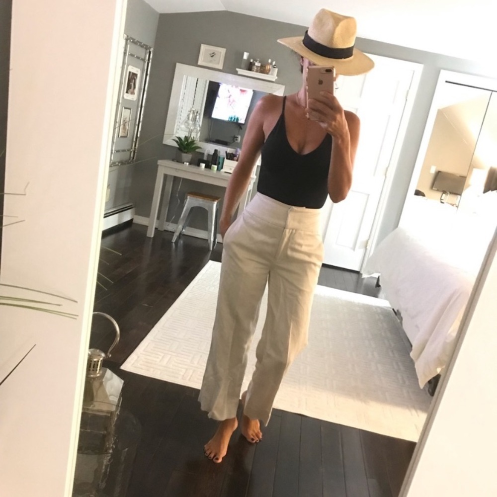 Light Sheen beige high waisted wide leg crop pants